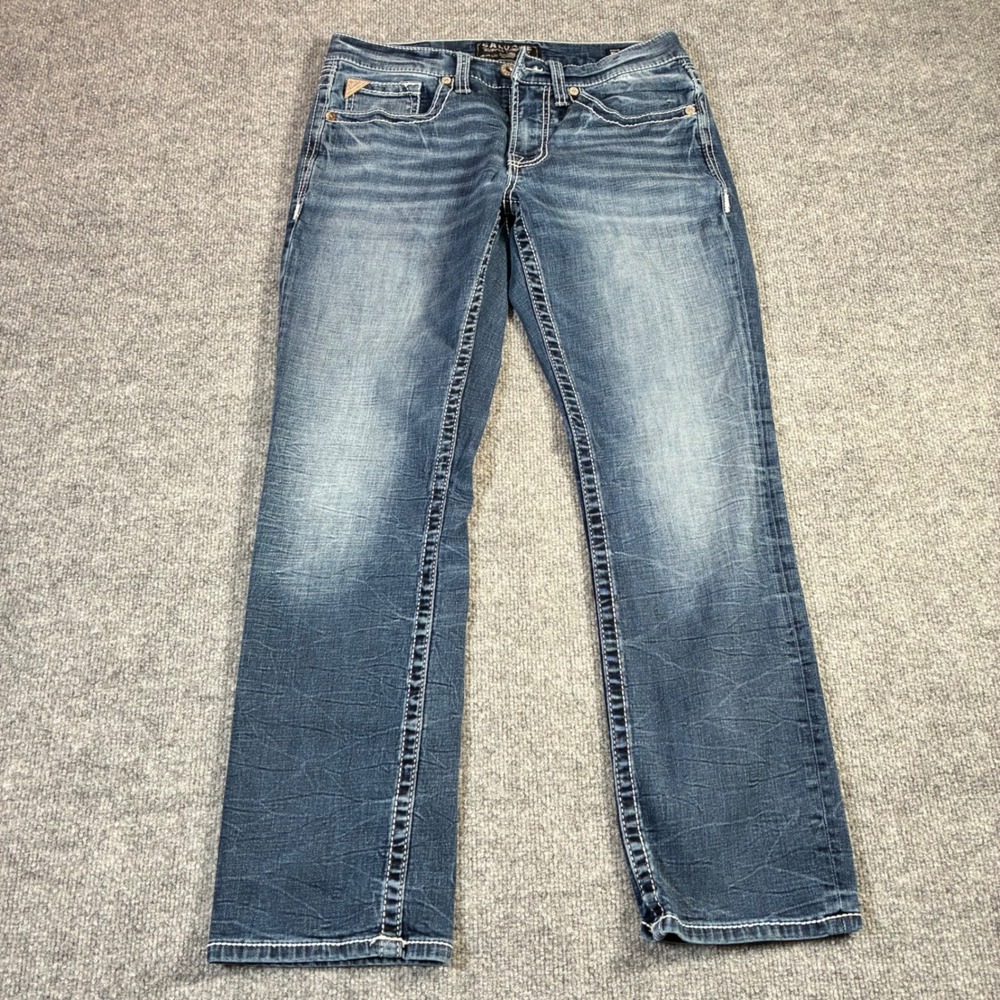 Salvage Mayhem Straight Jeans Womens 31 Blue‎ Contrast Stitch Buckle Denim